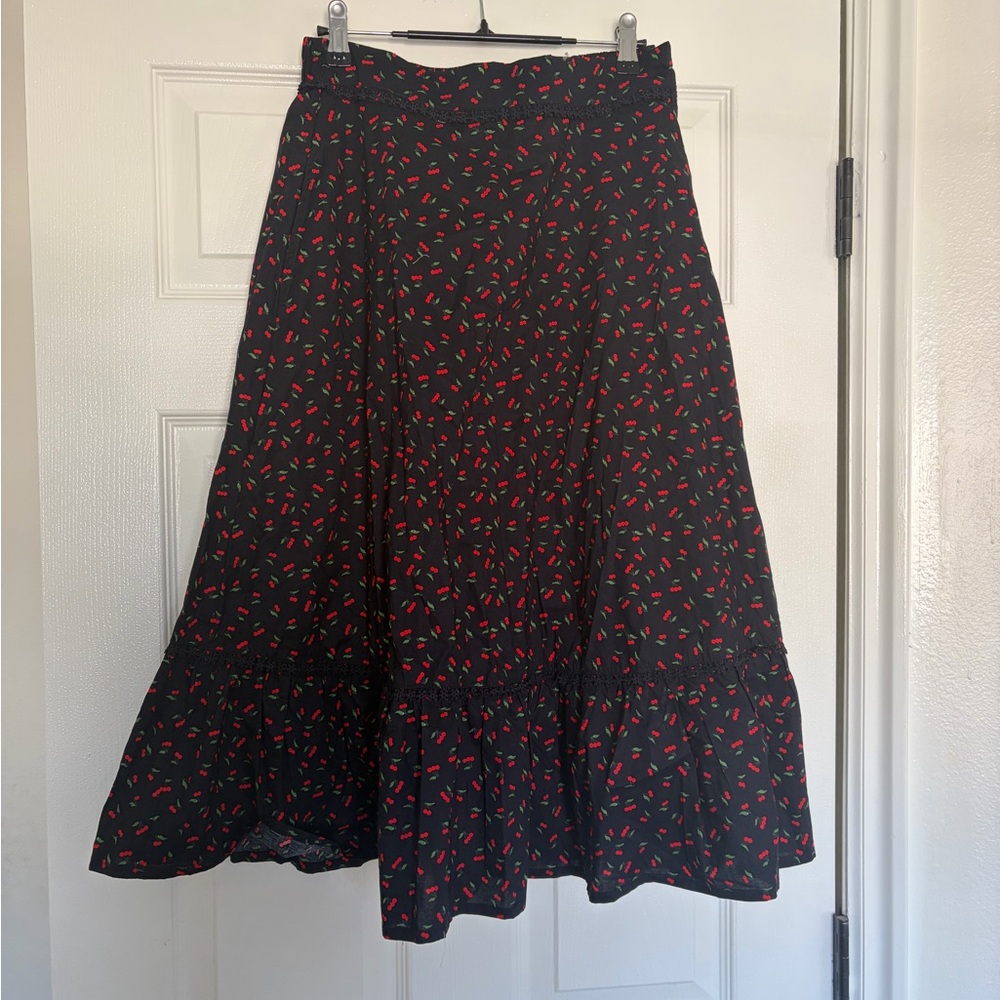 1950’s Style Black Skirt With Red Cherry Pattern